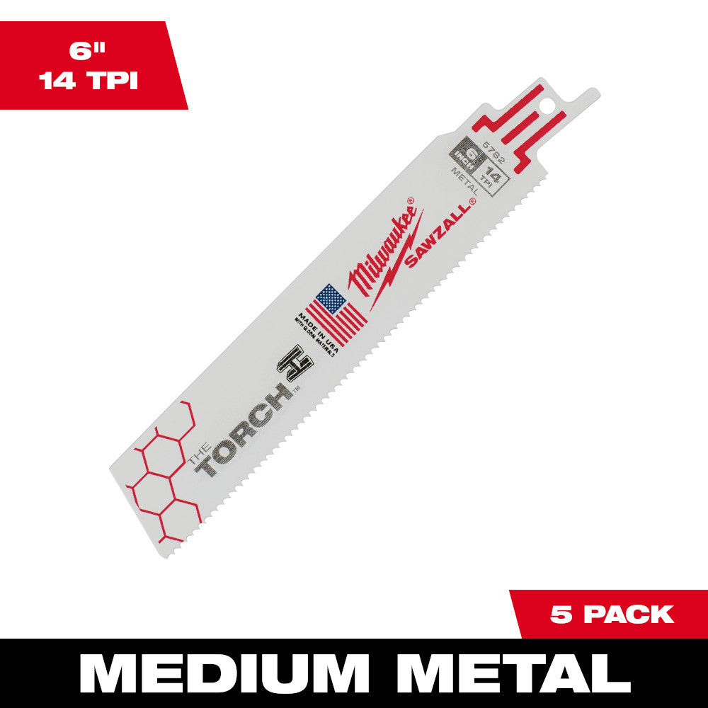 Milwaukee 48-00-5782 SAWZALL THE TORCH 6 inch 14 TPI Reciprocating Saw Metal Demolition Blades - 5pk