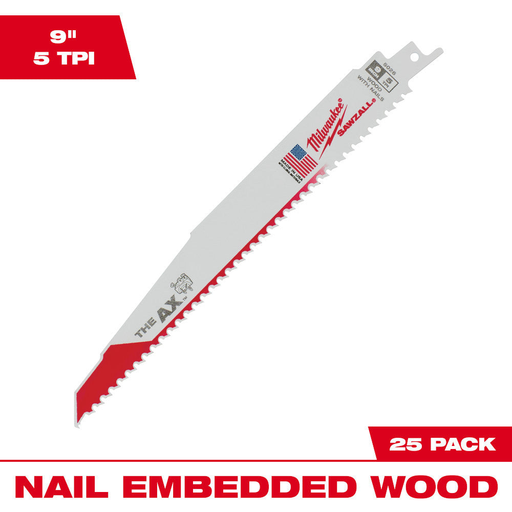Milwaukee 48-00-8026 SAWZALL THE AX 9 inch 5 TPI Nail Embedded Wood Cutting Blades - 25pk