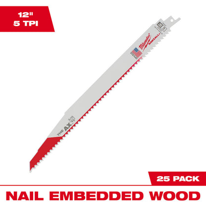 Milwaukee 48-00-8027 SAWZALL THE AX 12 inch 5 TPI Nail Embedded Wood Cutting Blades - 25pk