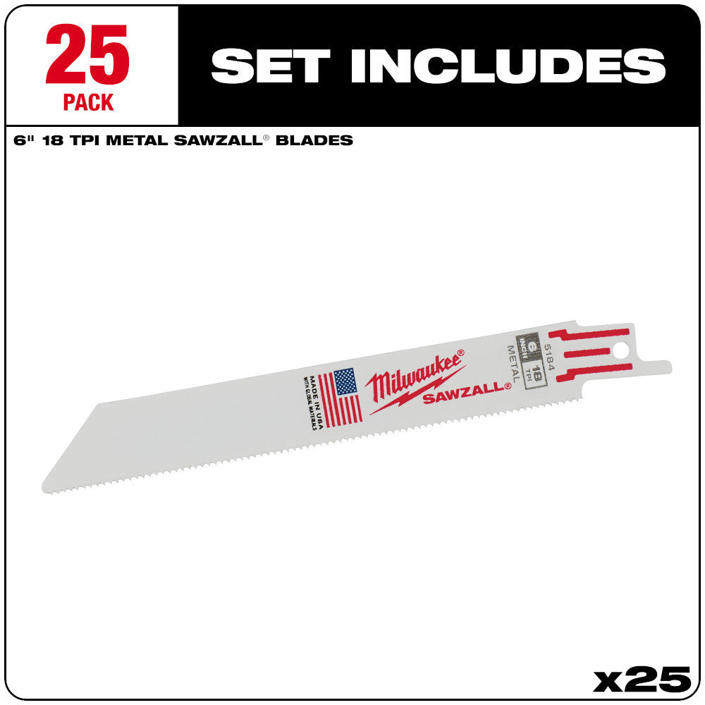 Milwaukee 48-00-8184 SAWZALL 6 inch 18 TPI Metal Cutting Blades - 25pk