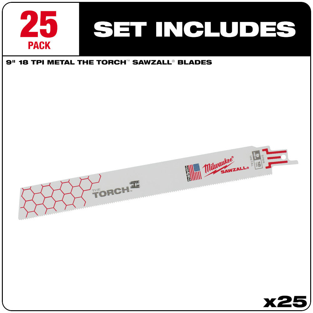 Milwaukee 48-00-8788 SAWZALL THE TORCH 9 inch 18 TPI Metal Demolition Blades - 25pk