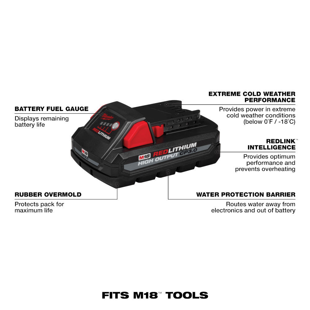 Milwaukee 48-11-1835 M18 REDLITHIUM HIGH OUTPUT CP3.0 Battery showing features of the battery