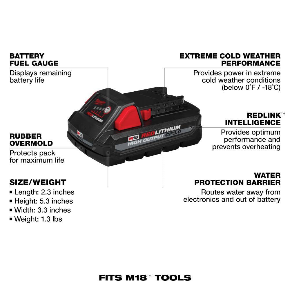 Milwaukee 48-11-1837 M18 REDLITHIUM HIGH OUTPUT CP3.0 Battery - 2pk showing features of the battery