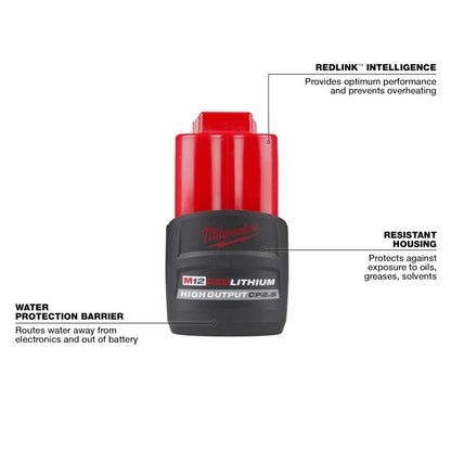 Milwaukee 48-11-2425 M12 REDLITHIUM HIGH OUTPUT CP2.5 Battery showing features of the battery