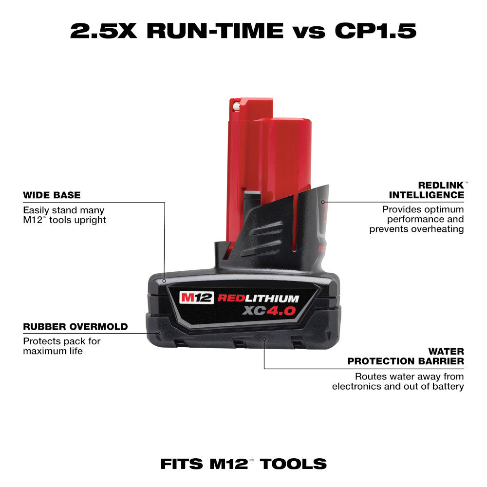 Milwaukee 48-11-2440 M12 REDLITHIUM Extended Capacity XC 4.0 Ah Battery Pack