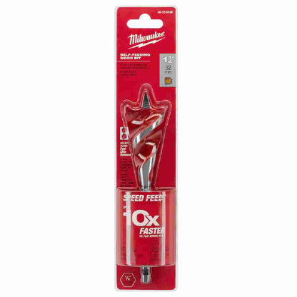 Milwaukee 48-13-0108 SPEED FEED 1-1/4 inch x 6 inch Self-Feeding Wood Bit showing in packaging