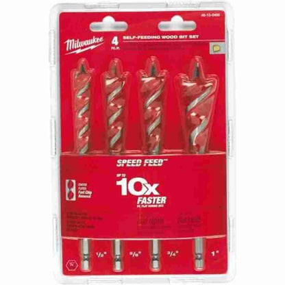 Milwaukee 48-13-0400 SPEED FEED 4pc 6 inch Self-Feeding Wood Bit Set showing in packaging