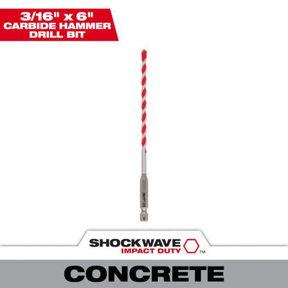 Milwaukee 48-20-9006 SHOCKWAVE 3/16-inch x 4-inch x 6-inch Carbide Hammer Drill Bit