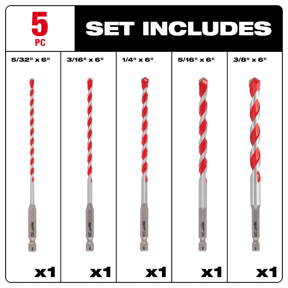 Milwaukee 48-20-9051 5pc SHOCKWAVE Carbide Hammer Drill Bit Set