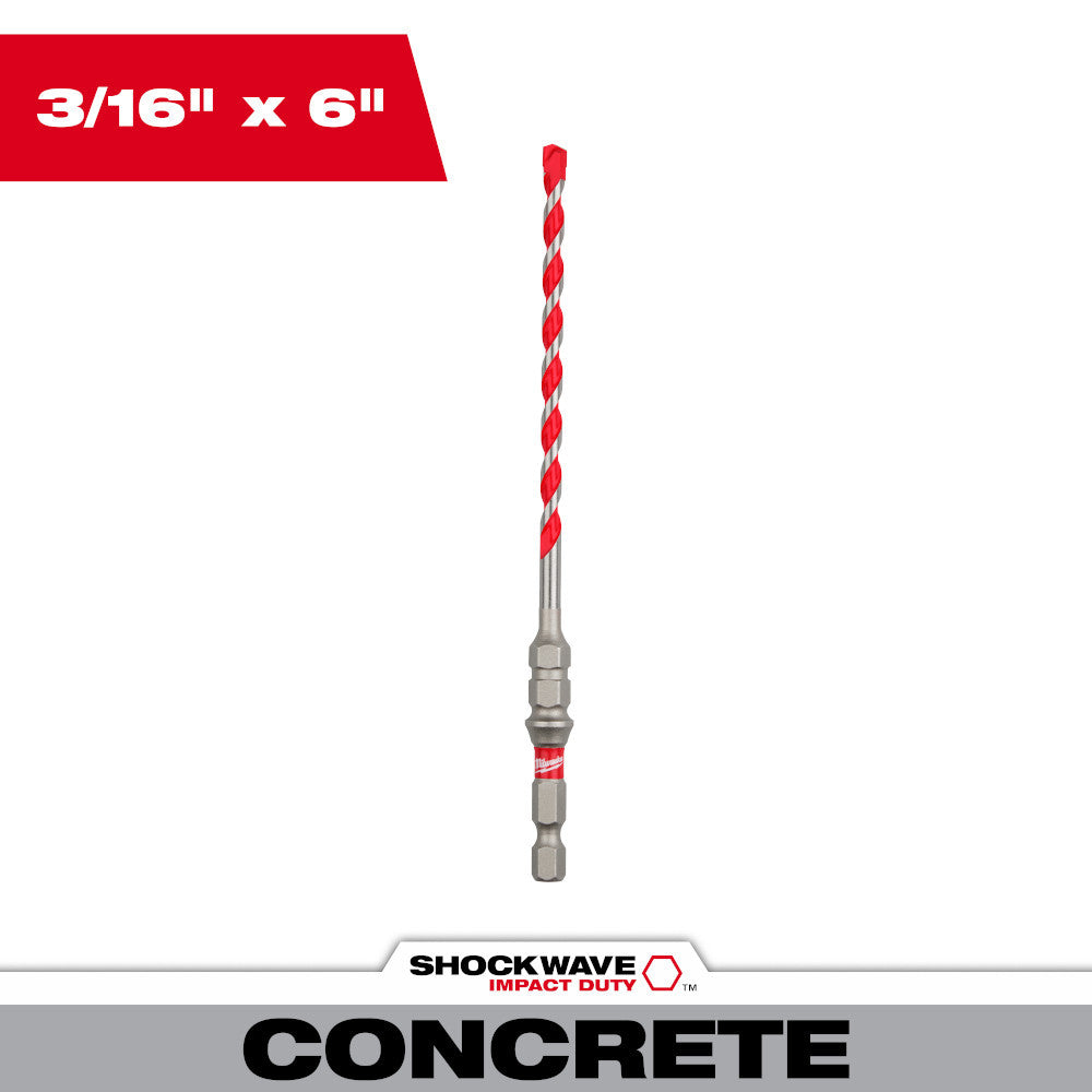 Milwaukee SHOCKWAVE 48-20-9096 3/16 Inch x 6 Inch Carbide Hammer Drill Bit for Concrete Screws