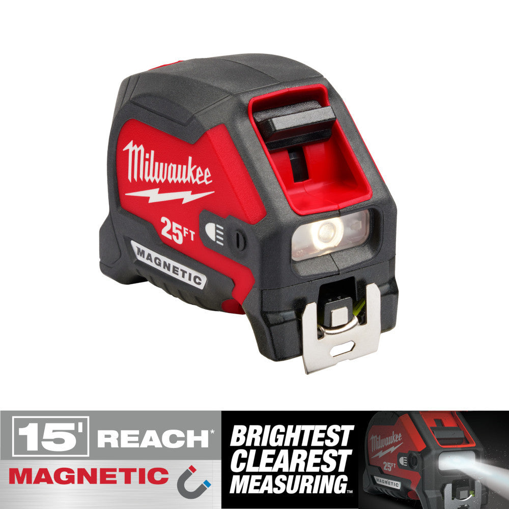 Milwaukee 48-22-0428 25 ft. Compact Wide Blade Magnetic Tape Measure with Rechargeable 100L Light