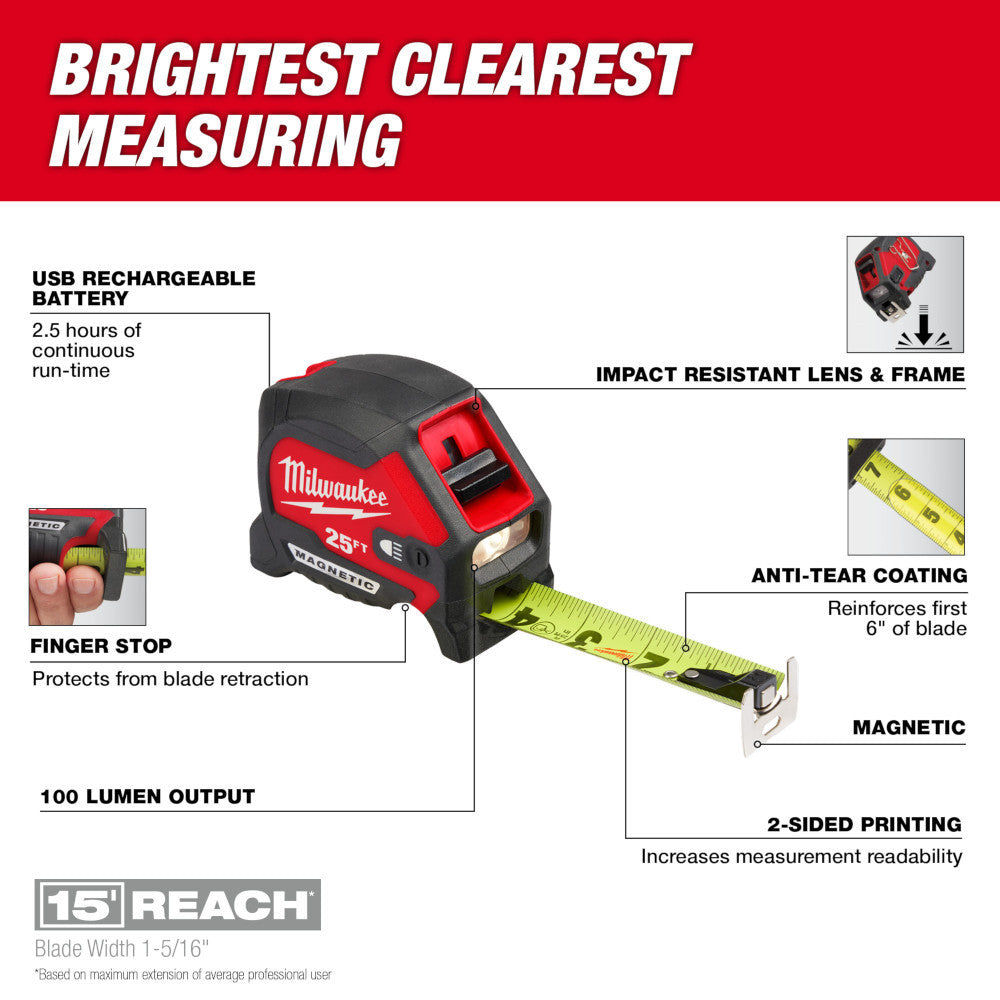 Milwaukee 48-22-0428 25 ft. Compact Wide Blade Magnetic Tape Measure with Rechargeable 100L Light