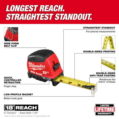 Milwaukee 48-22-1225M 25' Wide Blade Magnetic Tape Measure showing features of the tool