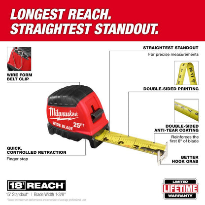 Milwaukee 48-22-1225 25' Wide Blade Tape Measure showing features of the tool