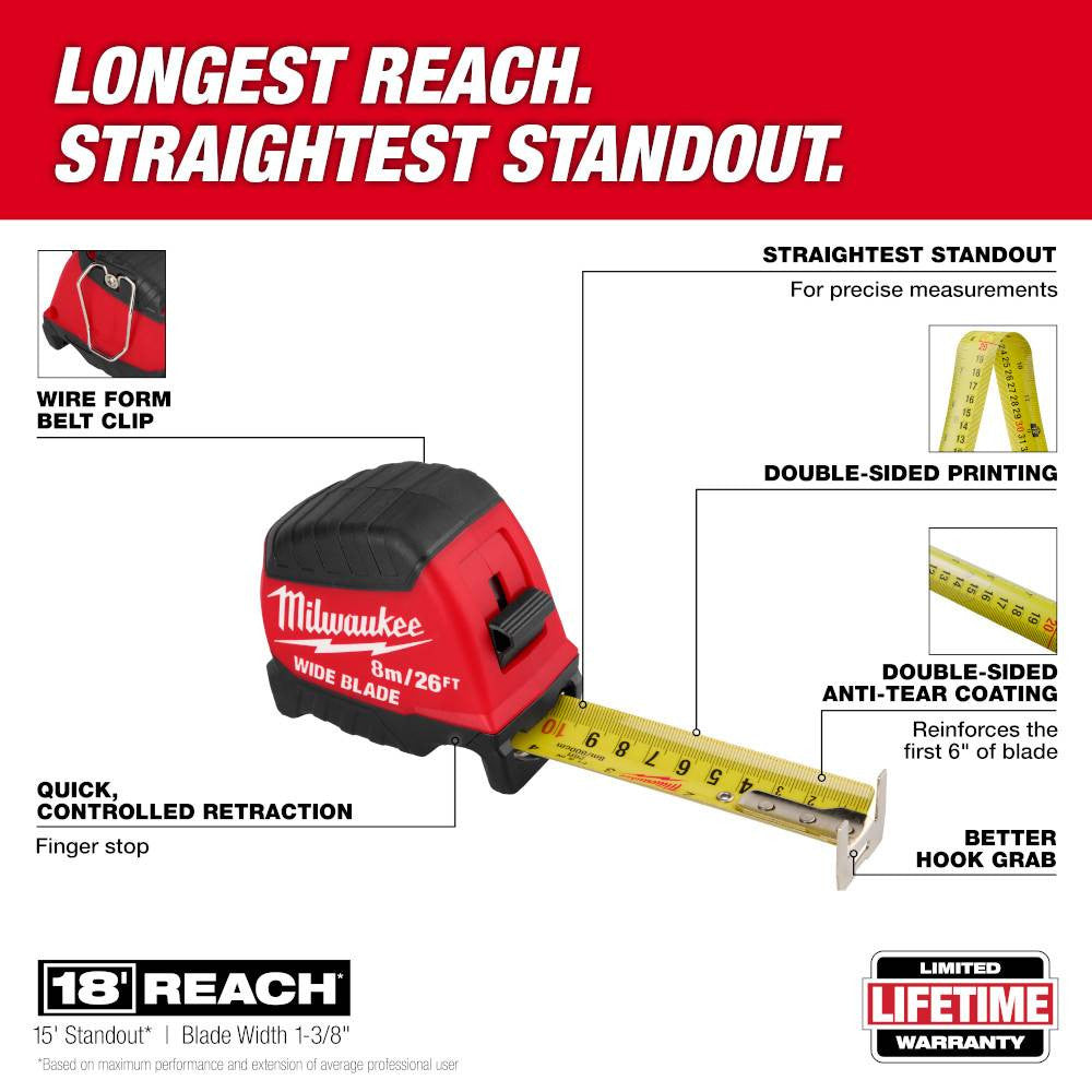 Milwaukee 48-22-1226 8M/26' Wide Blade Tape Measure showing features of the tool
