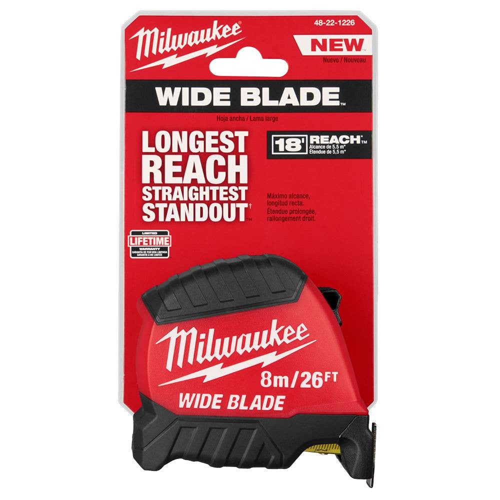 Milwaukee 48-22-1226 8M/26' Wide Blade Tape Measure showing in packaging