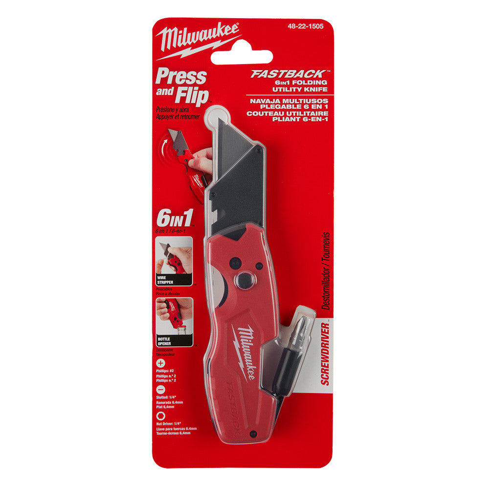 Milwaukee 48-22-1505 FASTBACK 6-In-1 Folding Utility Knife showing knife in packaging