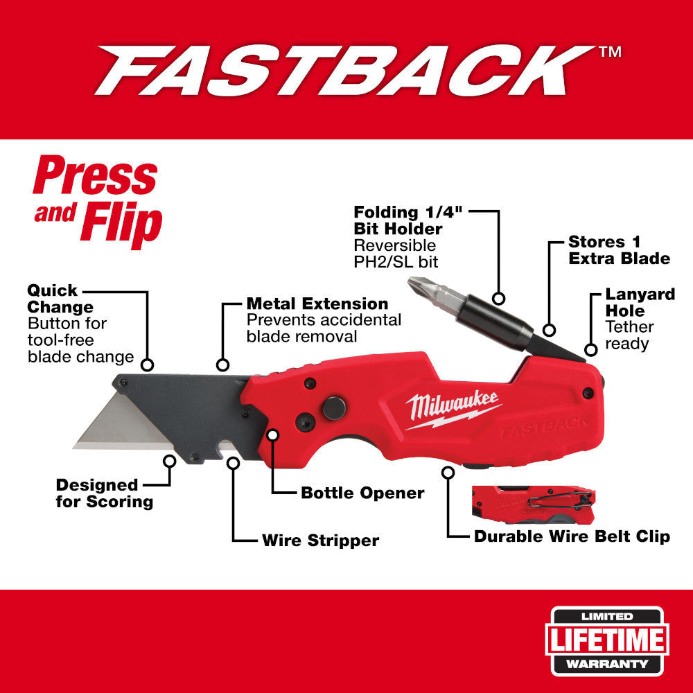 Milwaukee 48-22-1505 FASTBACK 6-In-1 Folding Utility Knife showing features of the knife