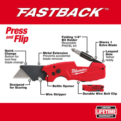 Milwaukee 48-22-1505 FASTBACK 6-In-1 Folding Utility Knife showing features of the knife