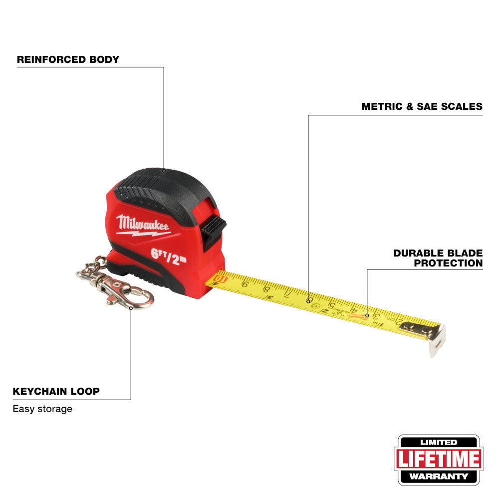 48-22-1706 6ft/2m Keychain Tape Measure showing features of the tape measure