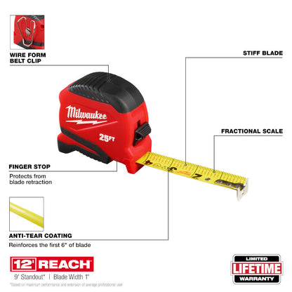 Milwaukee 48-22-1725 25ft Compact Tape Measure showing features of the tape measure