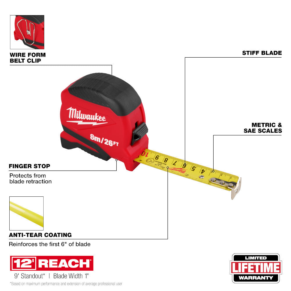 Milwaukee 48-22-1726 26ft/8m Compact Tape Measure showing features of the tape measure