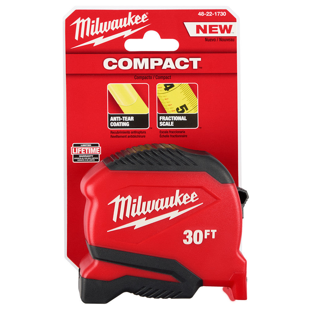 Milwaukee  48-22-1730 30ft Compact Tape Measure showing tape measure in packaging