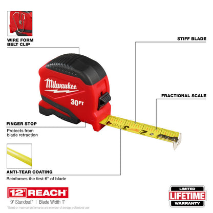 Milwaukee 48-22-1730 30ft Compact Tape Measure showing features of the tape measure