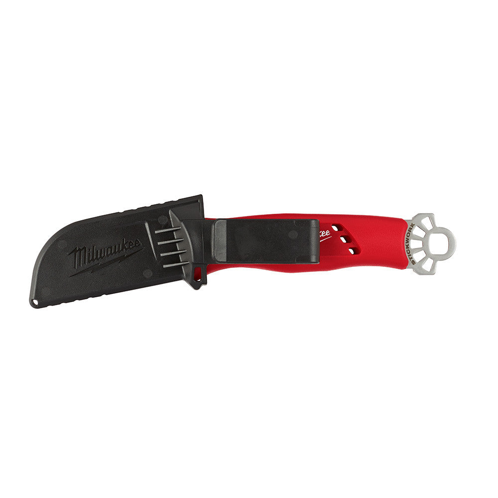 Milwaukee 48-22-1924 Lineman foots Hawkbill Knife with STICKWORK 3-In-1 Ring showing knife with blade installed into sheath