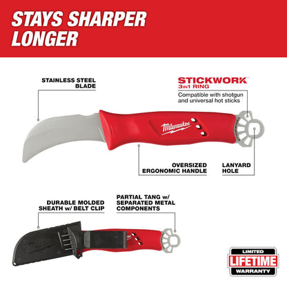 Milwaukee 48-22-1924 Lineman's Hawkbill Knife with STICKWORK 3-In-1 Ring showing features of the knife