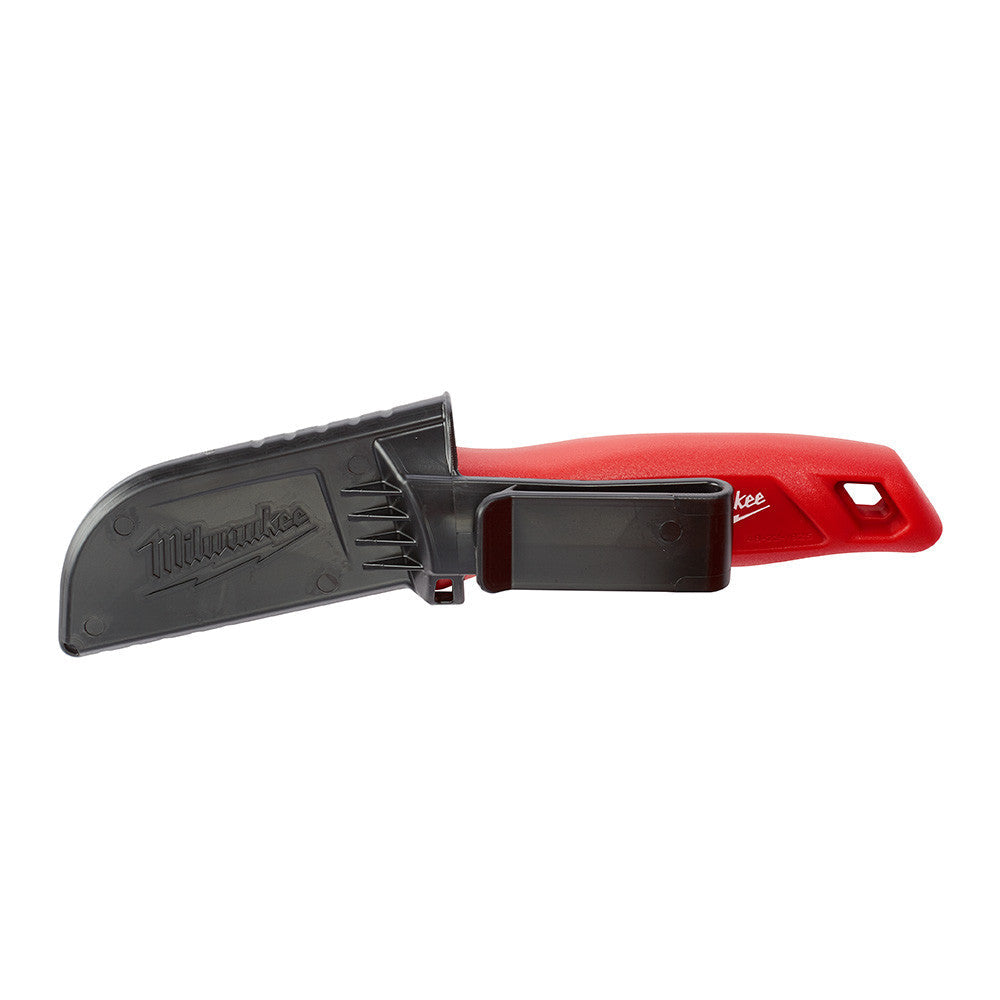 Milwaukee 48-22-1925 Hawkbill Fixed Blade Knife showing knife with blade installed into sheath