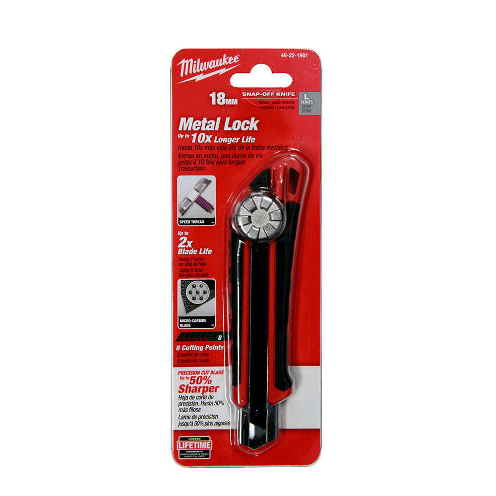 48-22-1961 18mm Snap Off Knife with Metal Lock and Precision Cut Blade showing knife in packaging