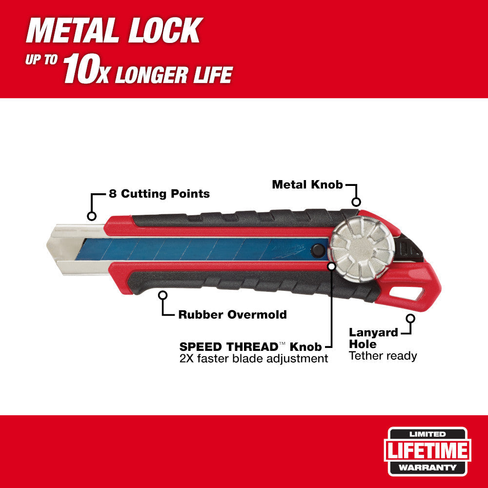 48-22-1961 18mm Snap Off Knife with Metal Lock and Precision Cut Blade showing features of the knife