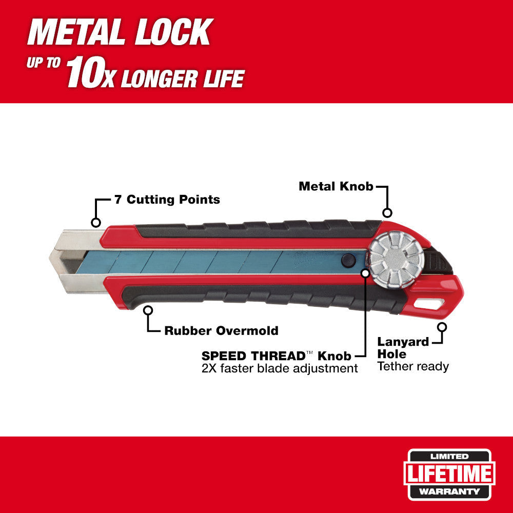 Milwaukee 48-22-1962 25mm Snap Off Knife with Metal Lock and Precision Cut Blade showing features of the knife