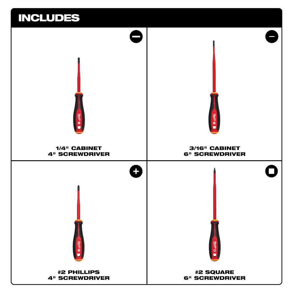 Milwaukee 48-22-2219 4pc 1000V Insulated Slim Tip Screwdriver Set