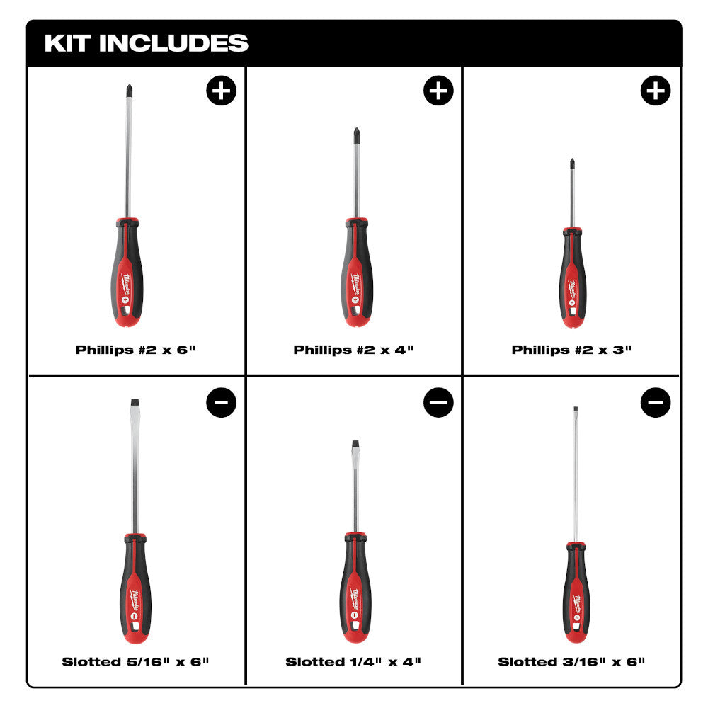 Milwaukee 48-22-2706 6pc Screwdriver Kit  showing inclusions of the set