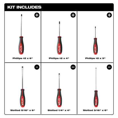 Milwaukee 48-22-2706 6pc Screwdriver Kit  showing inclusions of the set