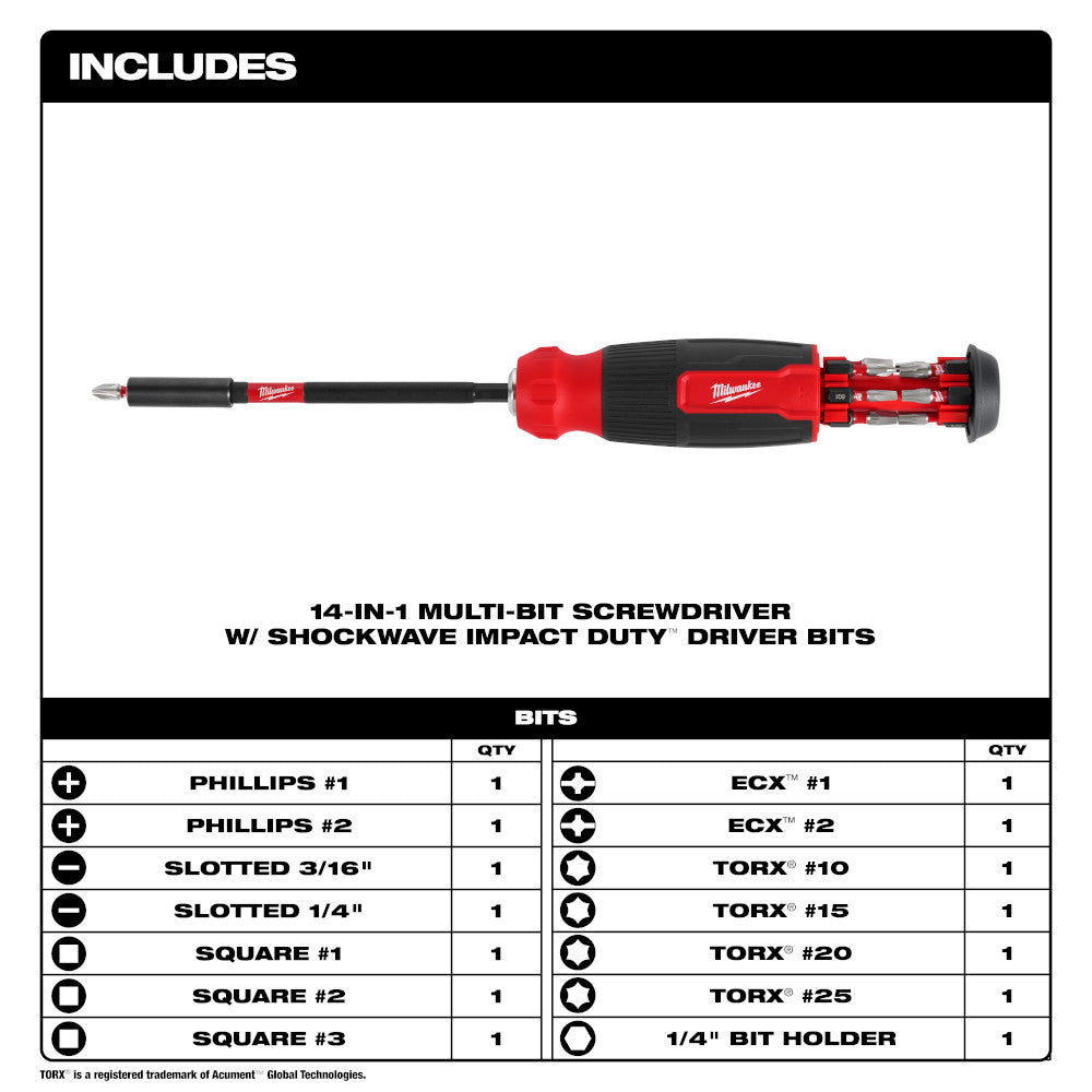 Milwaukee 48-22-2915 14-in-1 Multi-Bit Screwdriver with SHOCKWAVE Impact Duty Bits