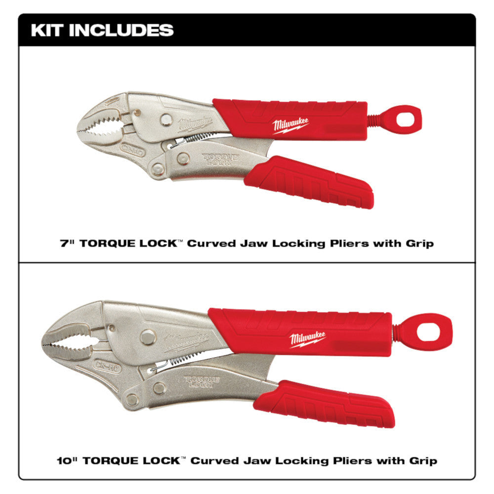 Milwaukee 48-22-3402 7 inch  and 10 inch TORQUE LOCK Curved Jaw Locking Pliers with Grip Set  showing inclusions of the set