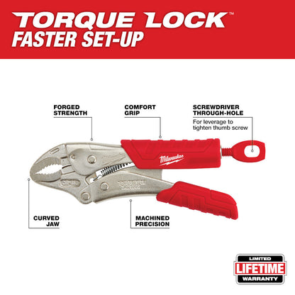 Milwaukee 48-22-3405 5 inch TORQUE LOCK Curved Jaw Locking Pliers with Grip showing features of the pliers