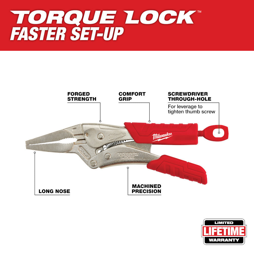 Milwaukee 48-22-3406 6 inch TORQUE LOCK Long Nose Locking Pliers with Grip showing features of the pliers