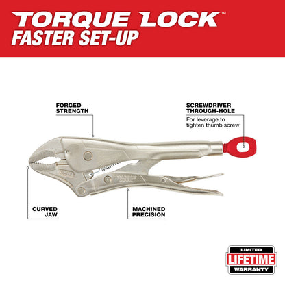 Milwaukee 48-22-3420 10 inch TORQUE LOCK Curved Jaw Locking Pliers showing features of the pliers