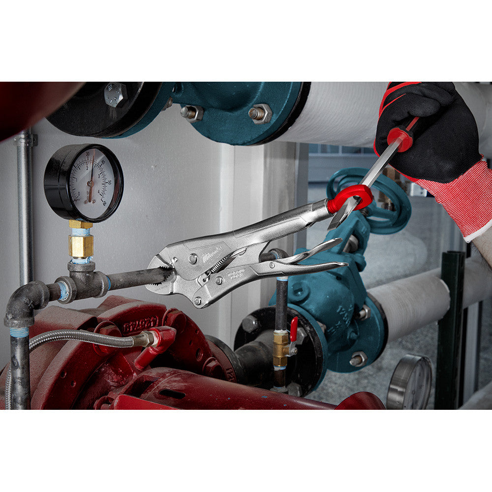Milwaukee 48-22-3420 10 inch TORQUE LOCK Curved Jaw Locking Pliers  showing in use being clamped down on pipe