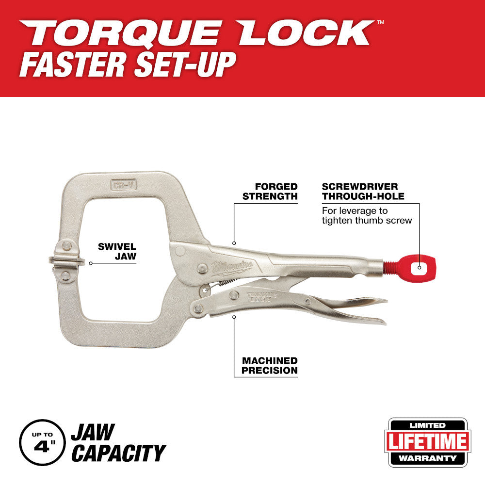 Milwaukee 48-22-3521 11 inch TORQUE LOCK Locking C-Clamp with Swivel Jaws showing features of the pliers