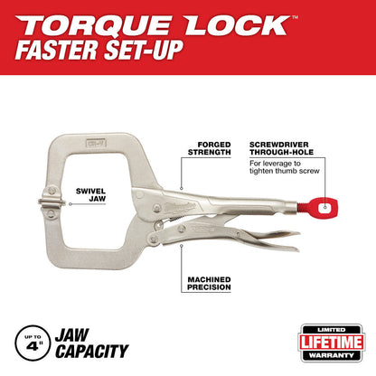 Milwaukee 48-22-3521 11 inch TORQUE LOCK Locking C-Clamp with Swivel Jaws showing features of the pliers