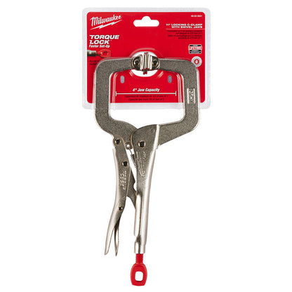 Milwaukee 48-22-3521 11 inch TORQUE LOCK Locking C-Clamp with Swivel Jaws showing pliers in packaging