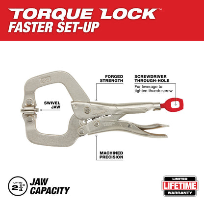 48-22-3522 6 inch TORQUE LOCK Locking C-Clamp with Swivel Jaws showing features of the pliers