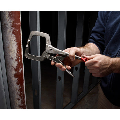 Milwaukee 48-22-3531 11 inch TORQUE LOCK Locking C-Clamp with Regular Jaws showing in use adjusting jaws to hold steel studs together while fastening
