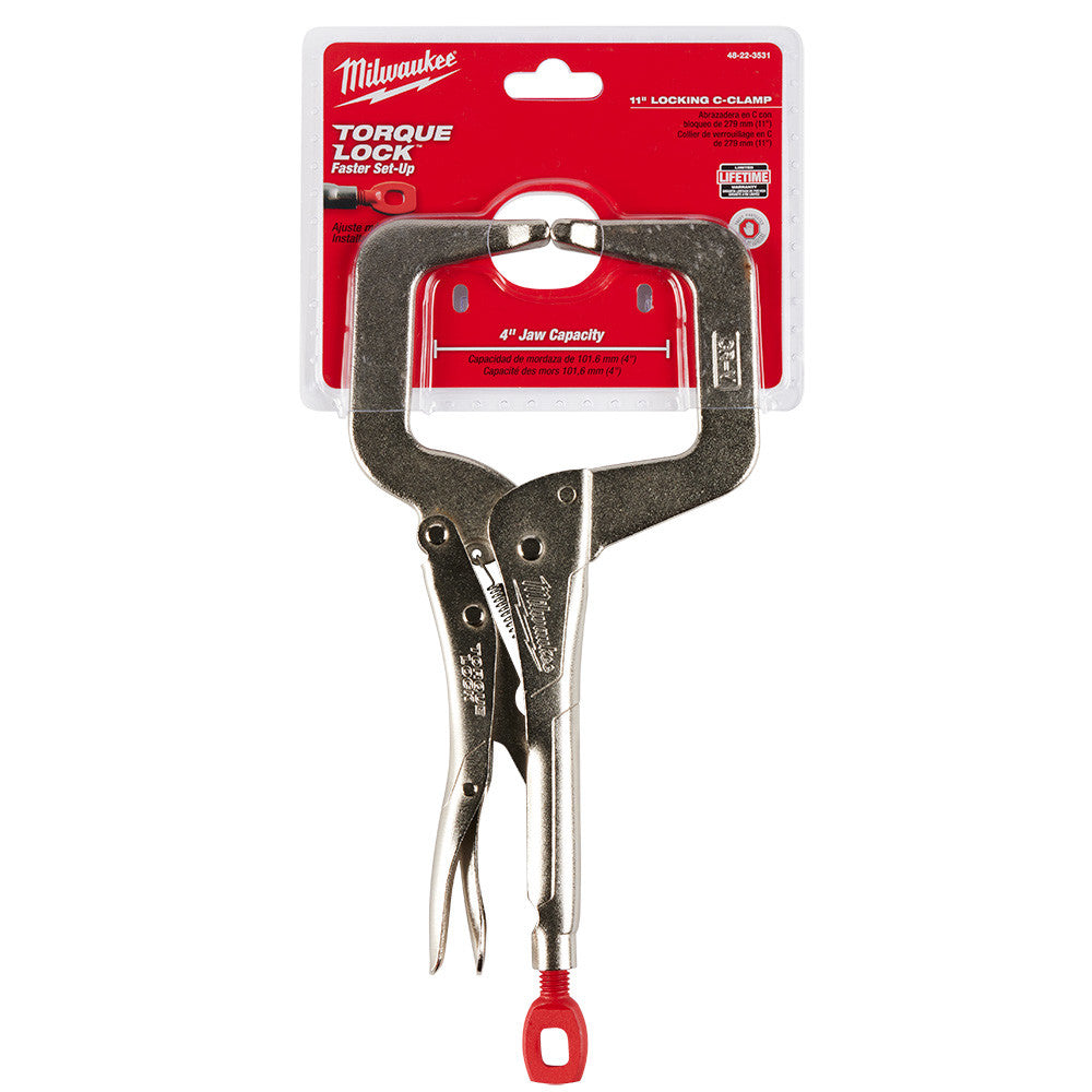 Milwaukee 48-22-3531 11 inch TORQUE LOCK Locking C-Clamp with Regular Jaws showing pliers in packaging