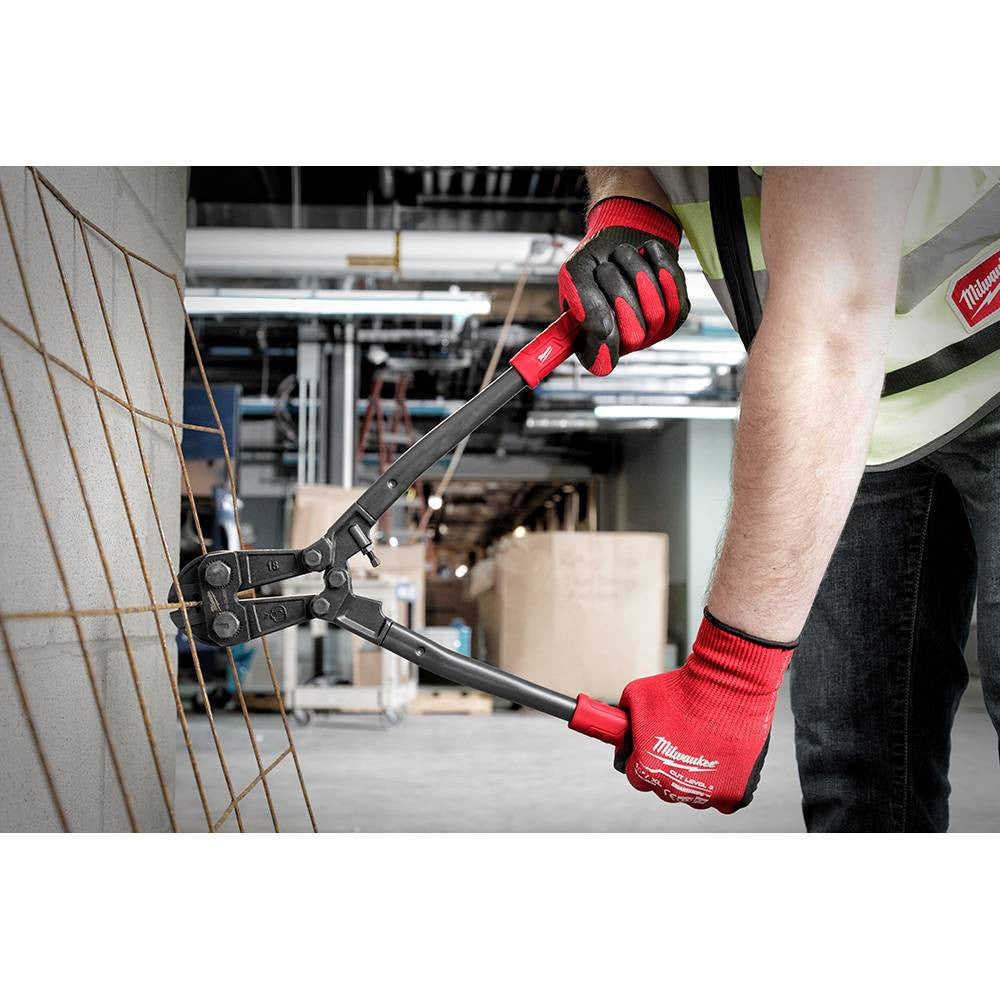 Milwaukee 48-22-4018 18 inch Bolt Cutter  showing in use cutting rebar mesh sheet